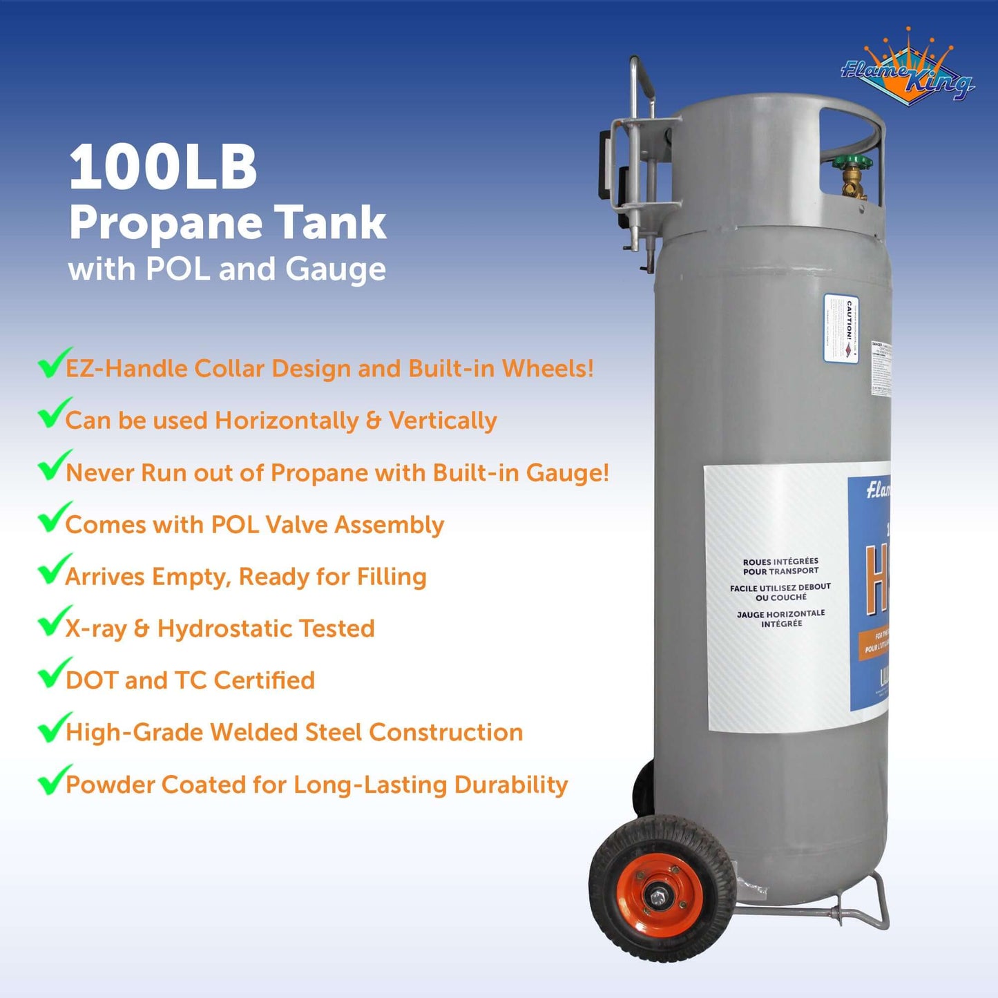 Flame King 100lb Empty Horizontal & Vertical Propane Cylinder with POL & Wheels