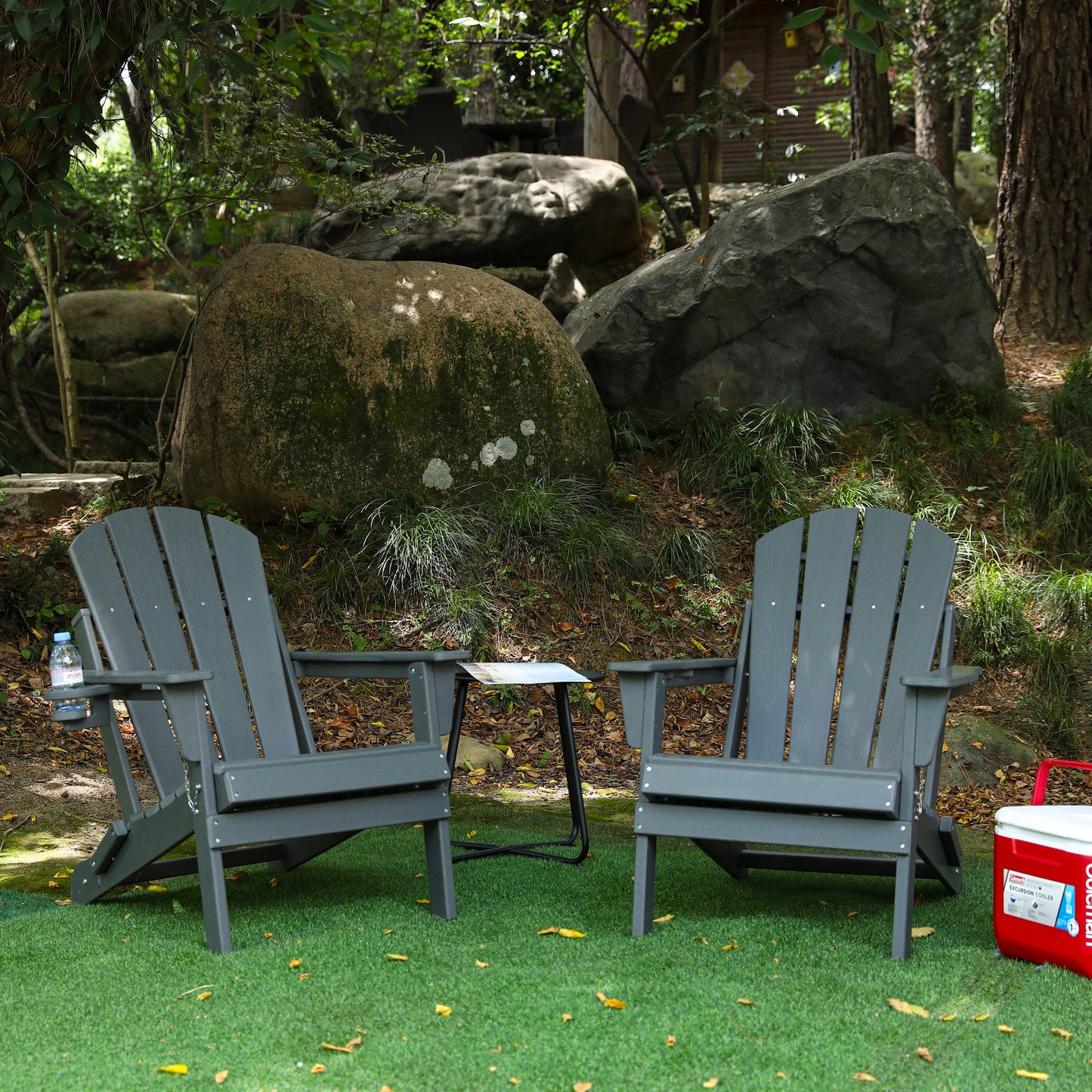 HDPE Folding Adirondack Chair with Dual Cup Holder - Composite Adirondack Chair with Wood Texture- ,Gray