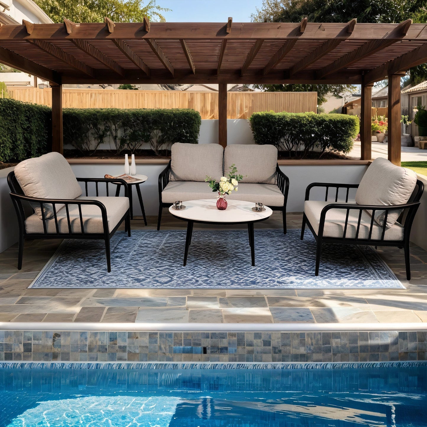 PolyTEAK 5-Piece Modern Patio Conversation Set with Plush Cushions, Marble-Look Coffee Table, & End Table