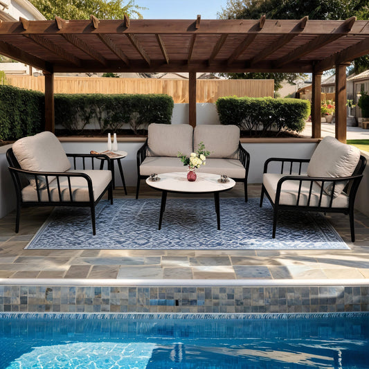 PolyTEAK 5-Piece Modern Patio Conversation Set with Plush Cushions, Marble-Look Coffee Table, & End Table