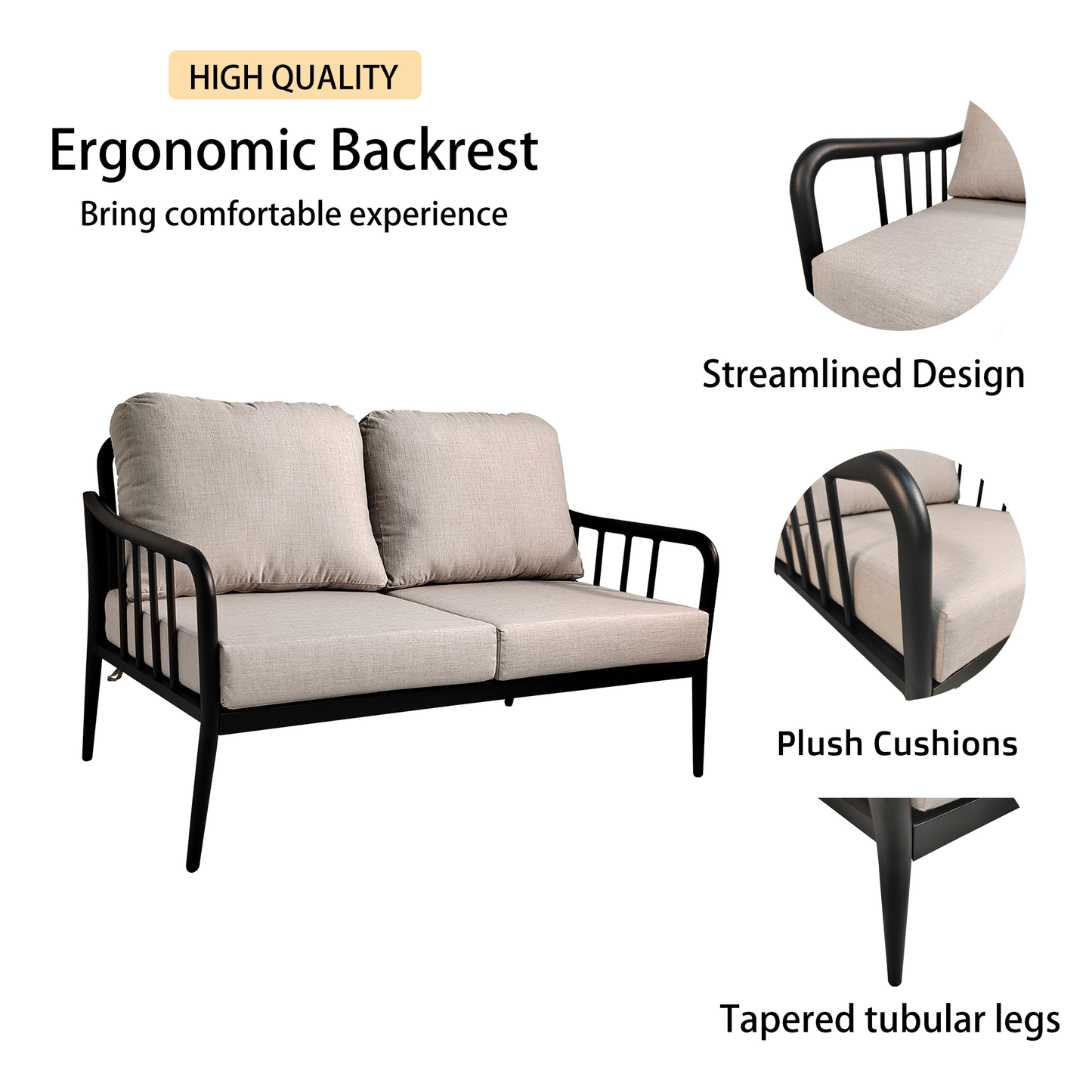 PolyTEAK 2-Piece Modern Patio Set: Ember Black Aluminum Loveseat with Plush Cushions & Oval Marble-Look Coffee Table