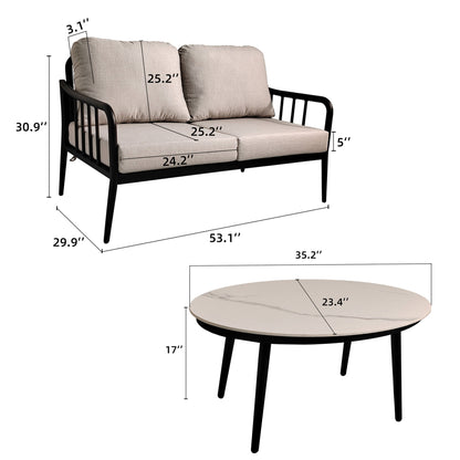 PolyTEAK 2-Piece Modern Patio Set: Ember Black Aluminum Loveseat with Plush Cushions & Oval Marble-Look Coffee Table