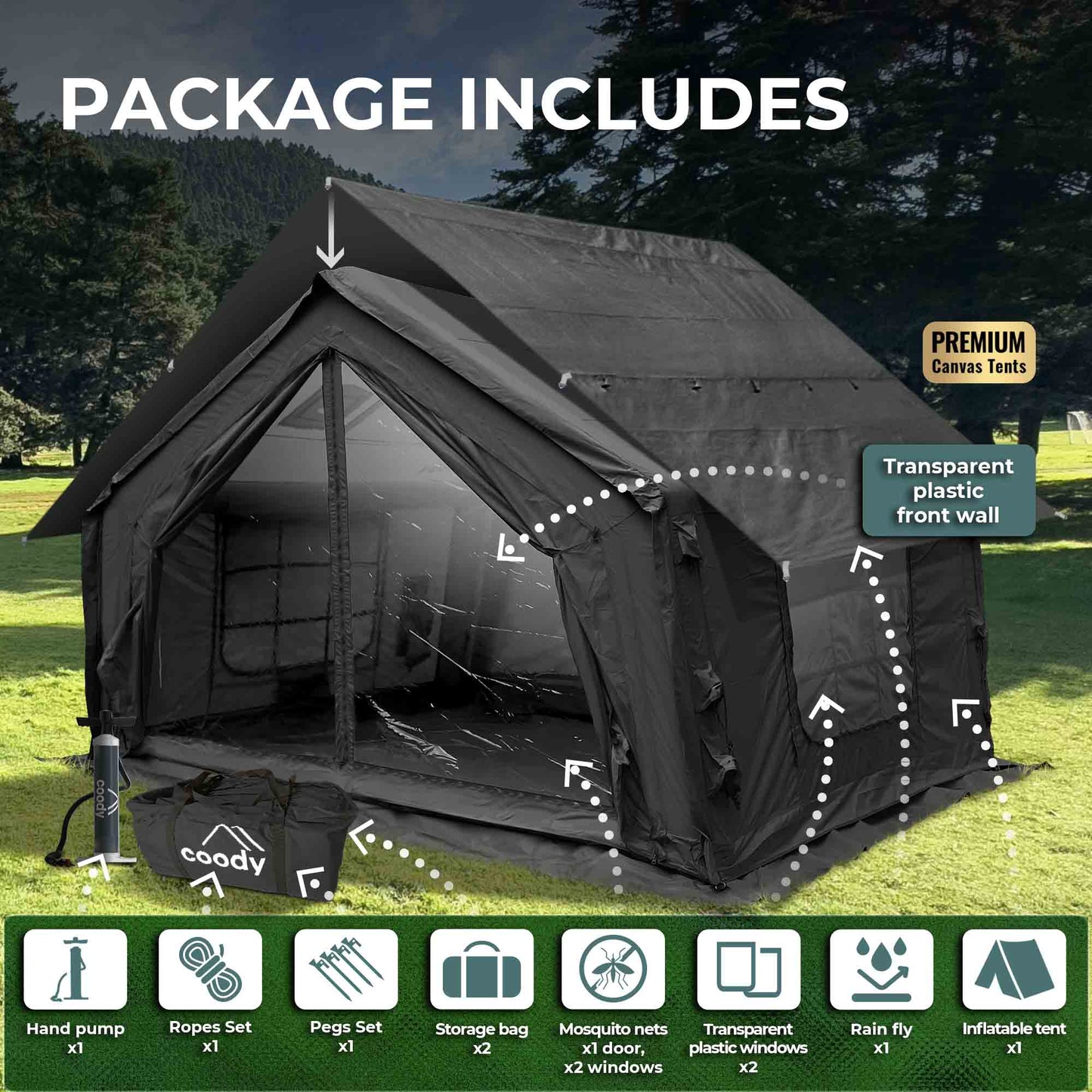 Coody 10 Black Inflatable Tent House for Camping (2-4 Person)