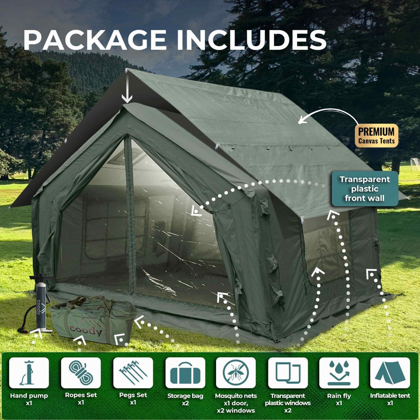 Coody 10 Forest Green Inflatable Tent House for Camping (2-4 Person)