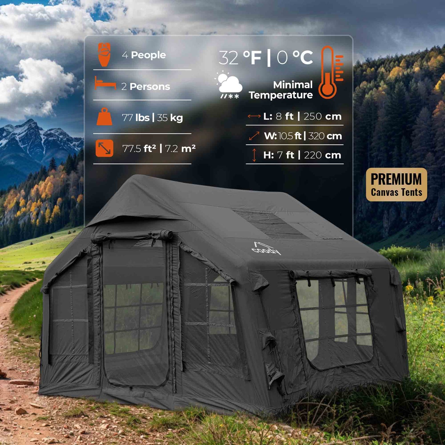 Coody 8.0 Air Tent Black - Inflatable Tent House for Camping (1-4 Person)