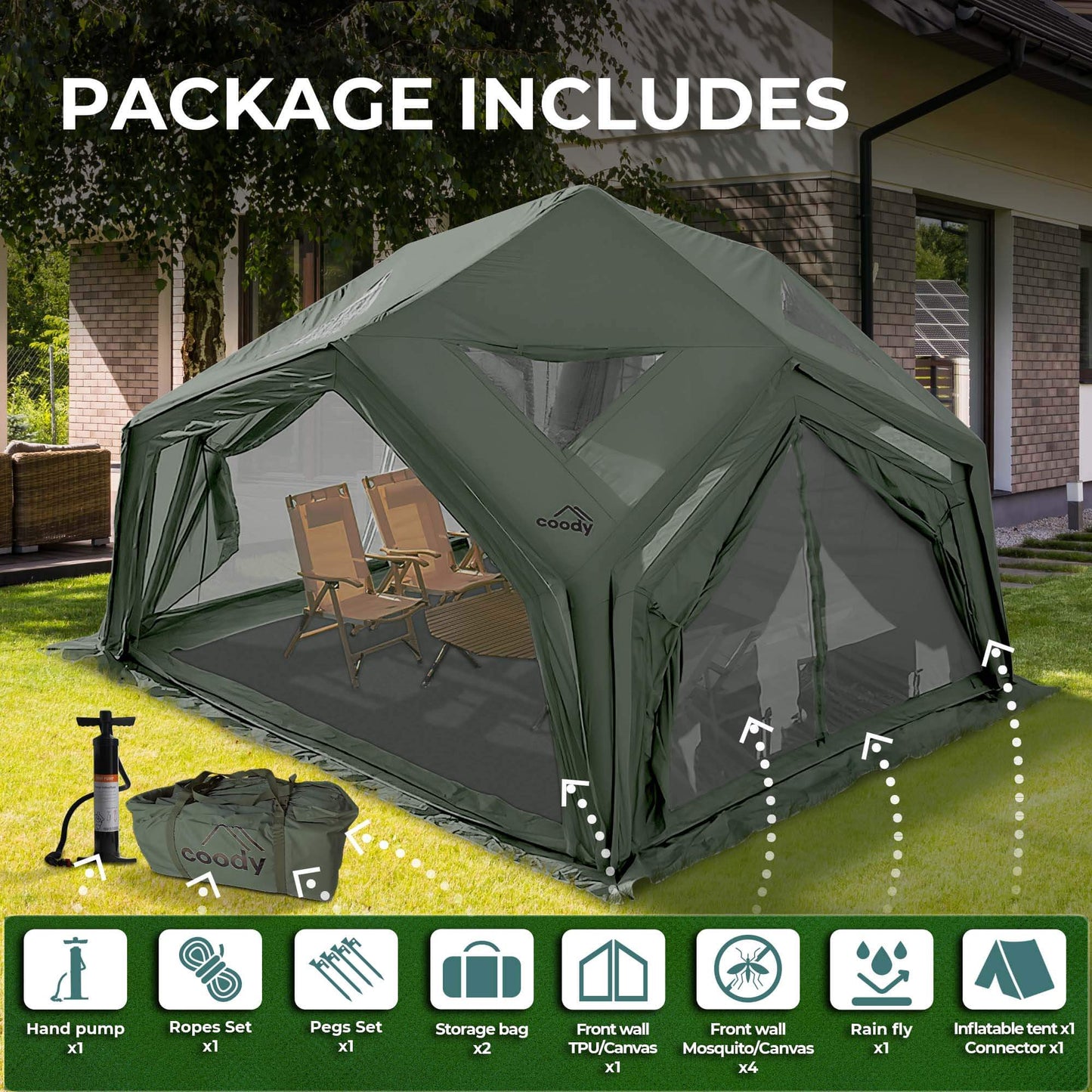 Coody AirTent Hub Shelter Forest Green Inflatable Tents for Camping (2-6 Person)