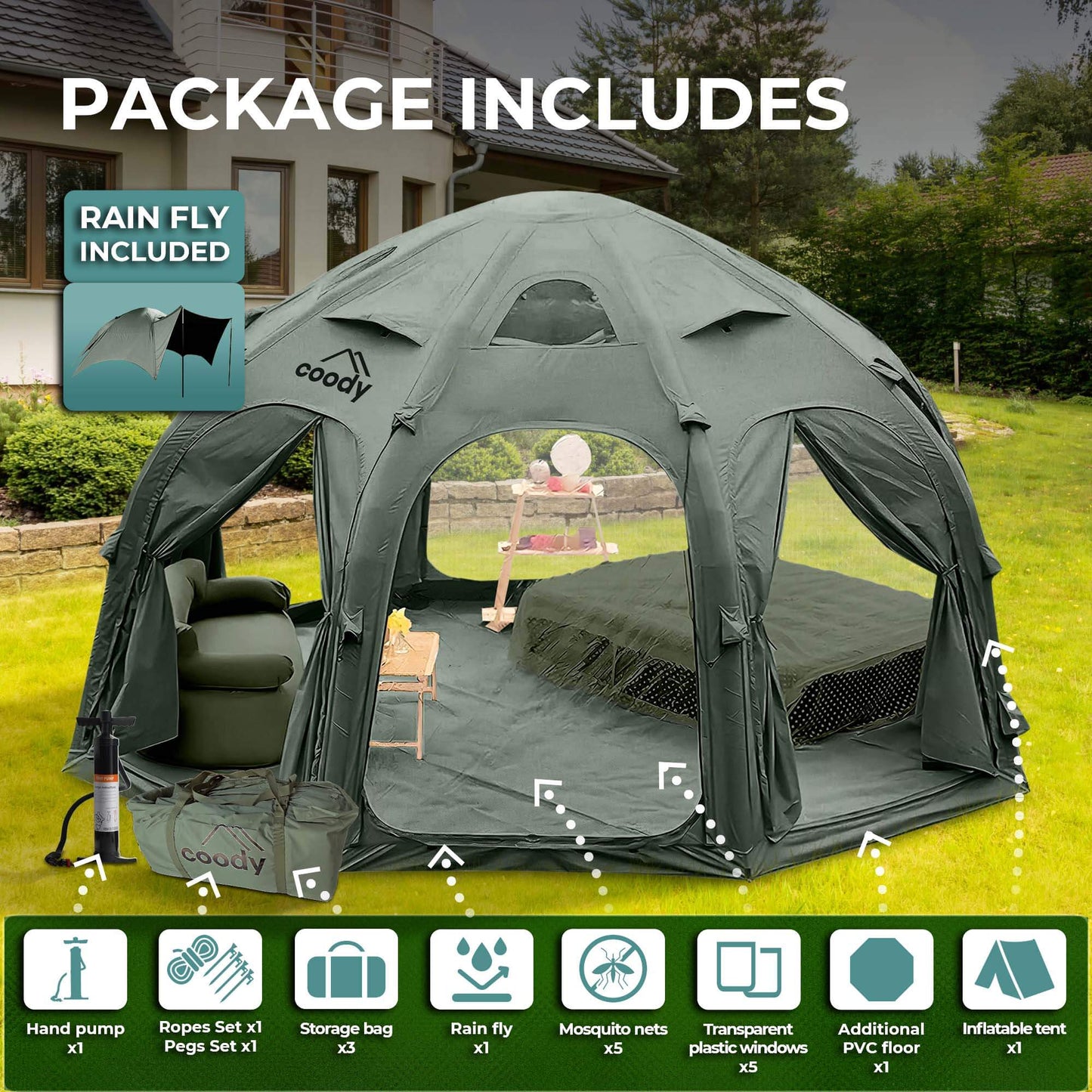 Coody Aurora Dome Forest Green Inflatable Shelter for 2-4 person