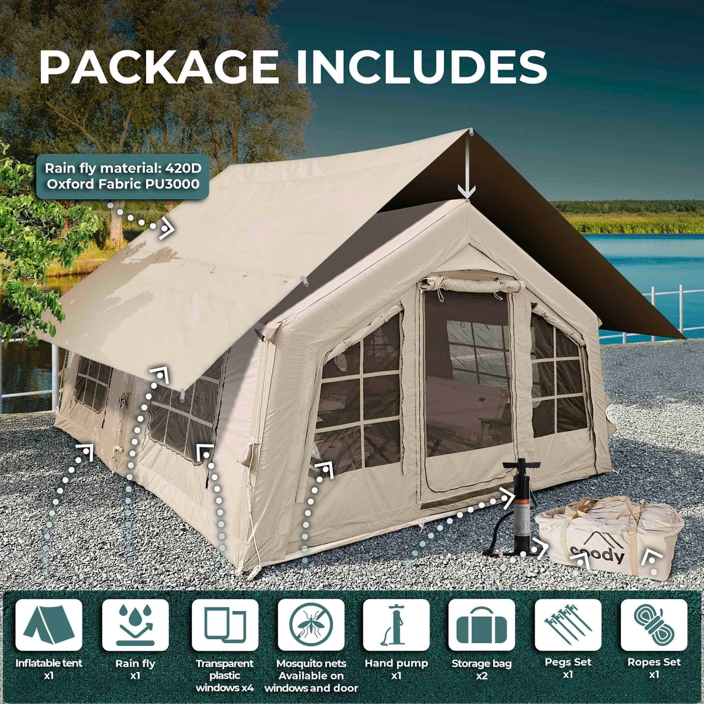 Coody Familia AirTent 13.6 Beige Inflatable Tent House for Camping (2-8 Person)