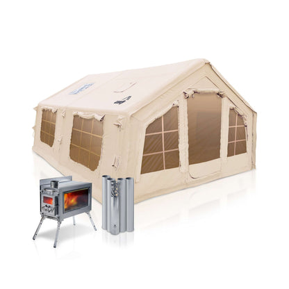 Coody Familia AirTent 13.6 Beige + Stove Caminus M - Inflatable Tents for Camping with Wood Stove