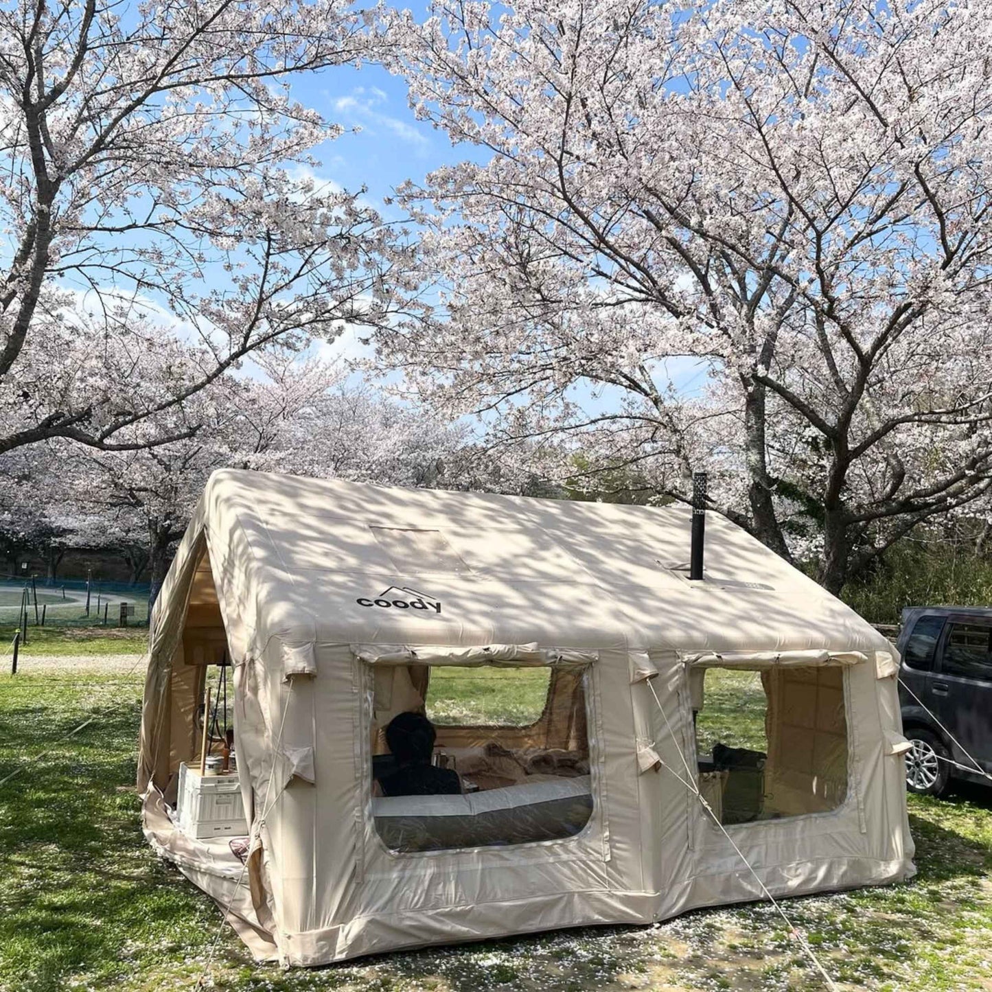 Coody Familia AirTent 13.6 Beige + Stove Caminus M - Inflatable Tents for Camping with Wood Stove