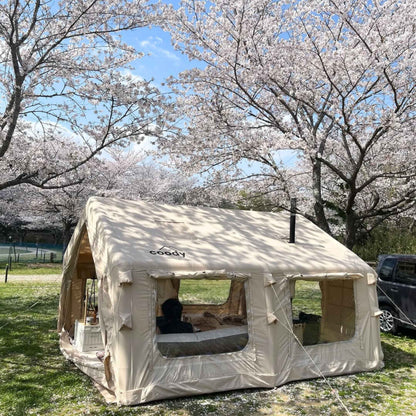 Coody Familia AirTent 13.6 Beige + Stove Caminus M - Inflatable Tents for Camping with Wood Stove