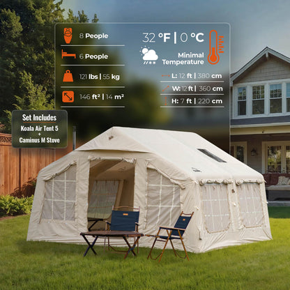 Coody Familia AirTent 13.6 Beige + Stove Caminus M - Inflatable Tents for Camping with Wood Stove