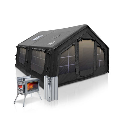 Coody Familia AirTent 13.6 Black + Stove Caminus M - Inflatable Tents for Camping with Wood Stove