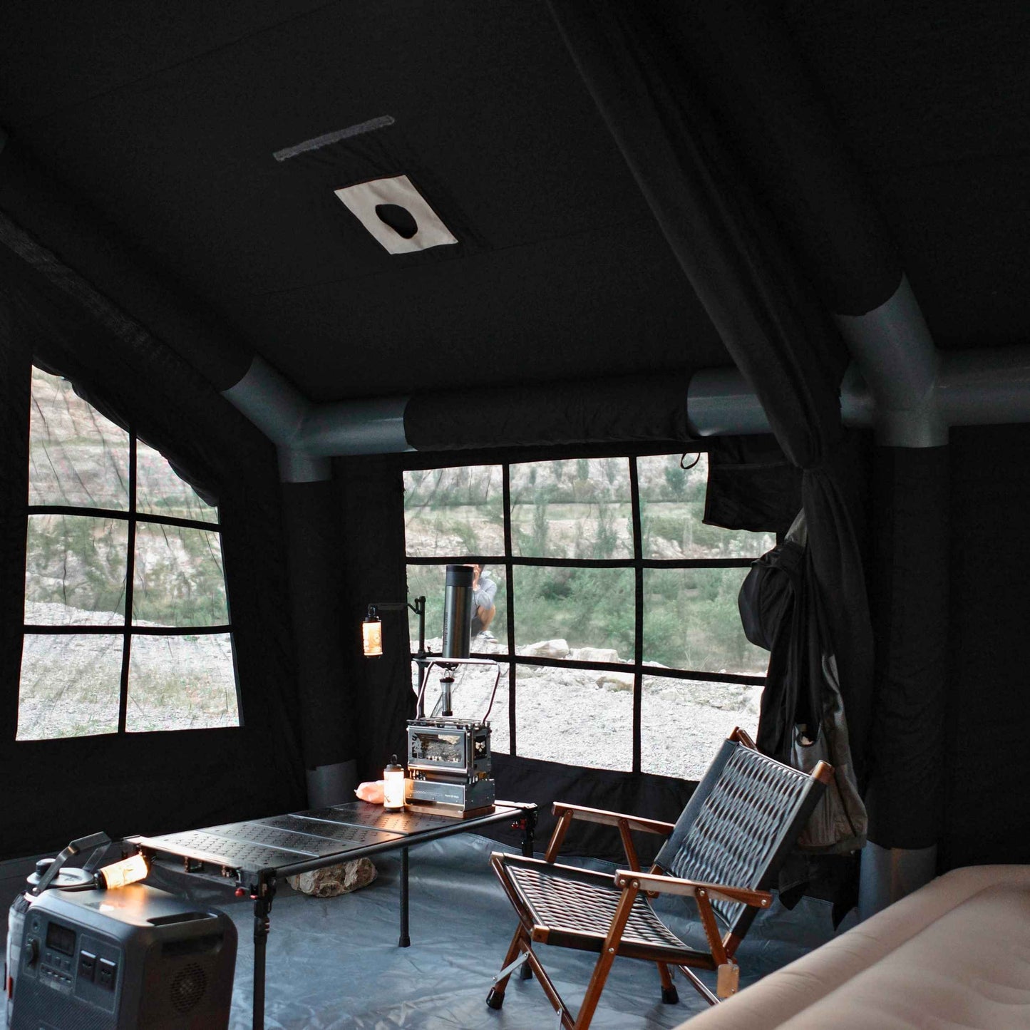 Coody Familia AirTent 13.6 Black + Stove Caminus M - Inflatable Tents for Camping with Wood Stove