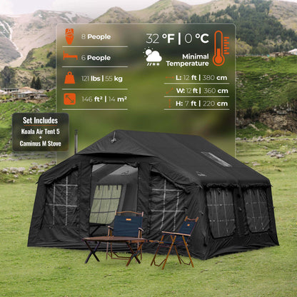 Coody Familia AirTent 13.6 Black + Stove Caminus M - Inflatable Tents for Camping with Wood Stove