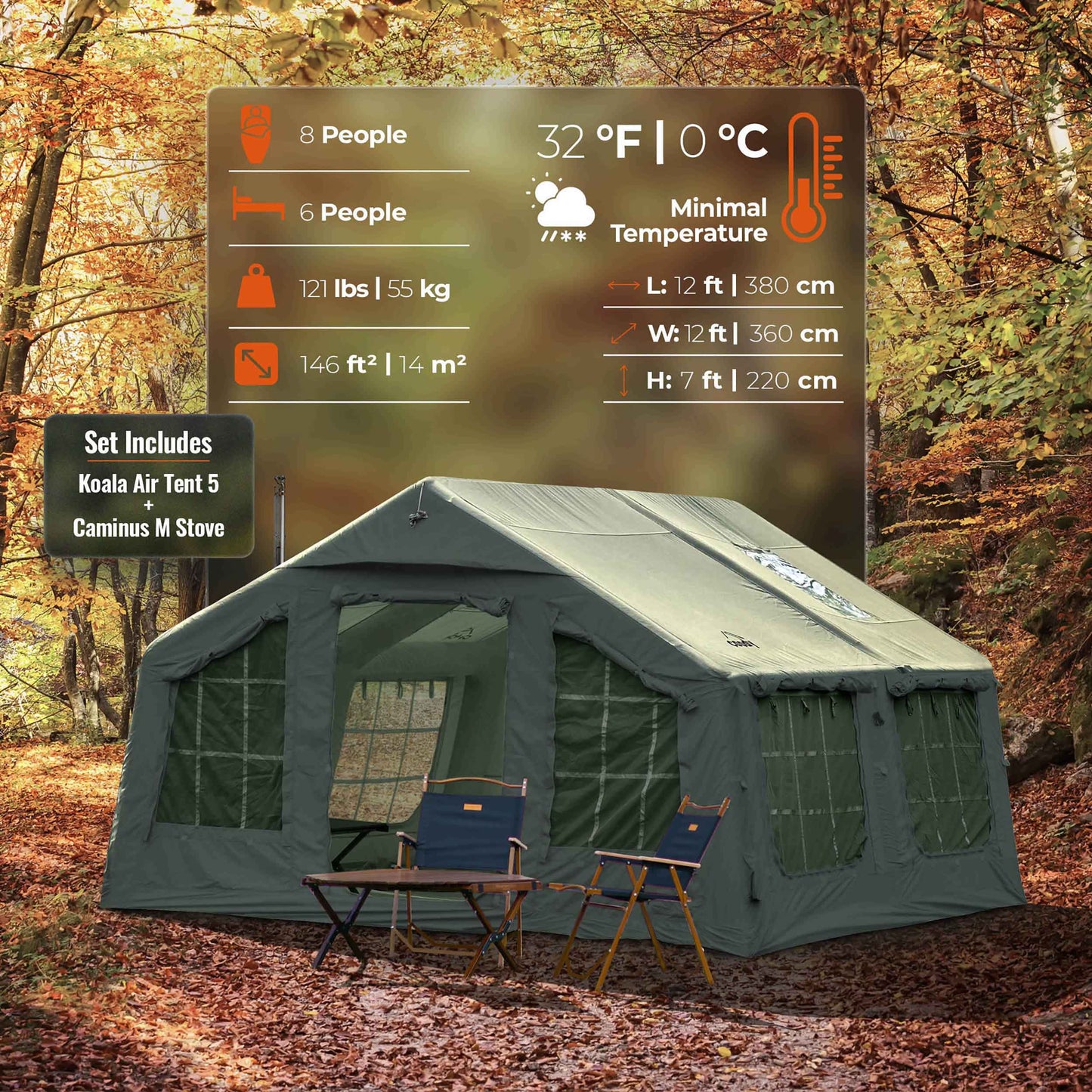 Coody Familia AirTent 13.6 Forest Green + Stove Caminus M + Electric Pump