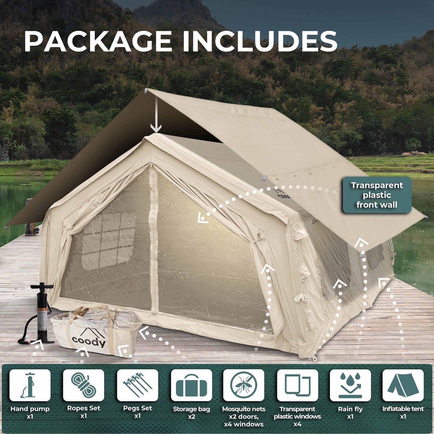 Coody Familia AirTent 17.2 Beige + Stove Caminus M - Inflatable Tents for Camping with Wood Stove