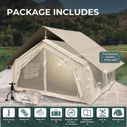 Coody Familia AirTent 17.2 Beige + Stove Caminus M - Inflatable Tents for Camping with Wood Stove