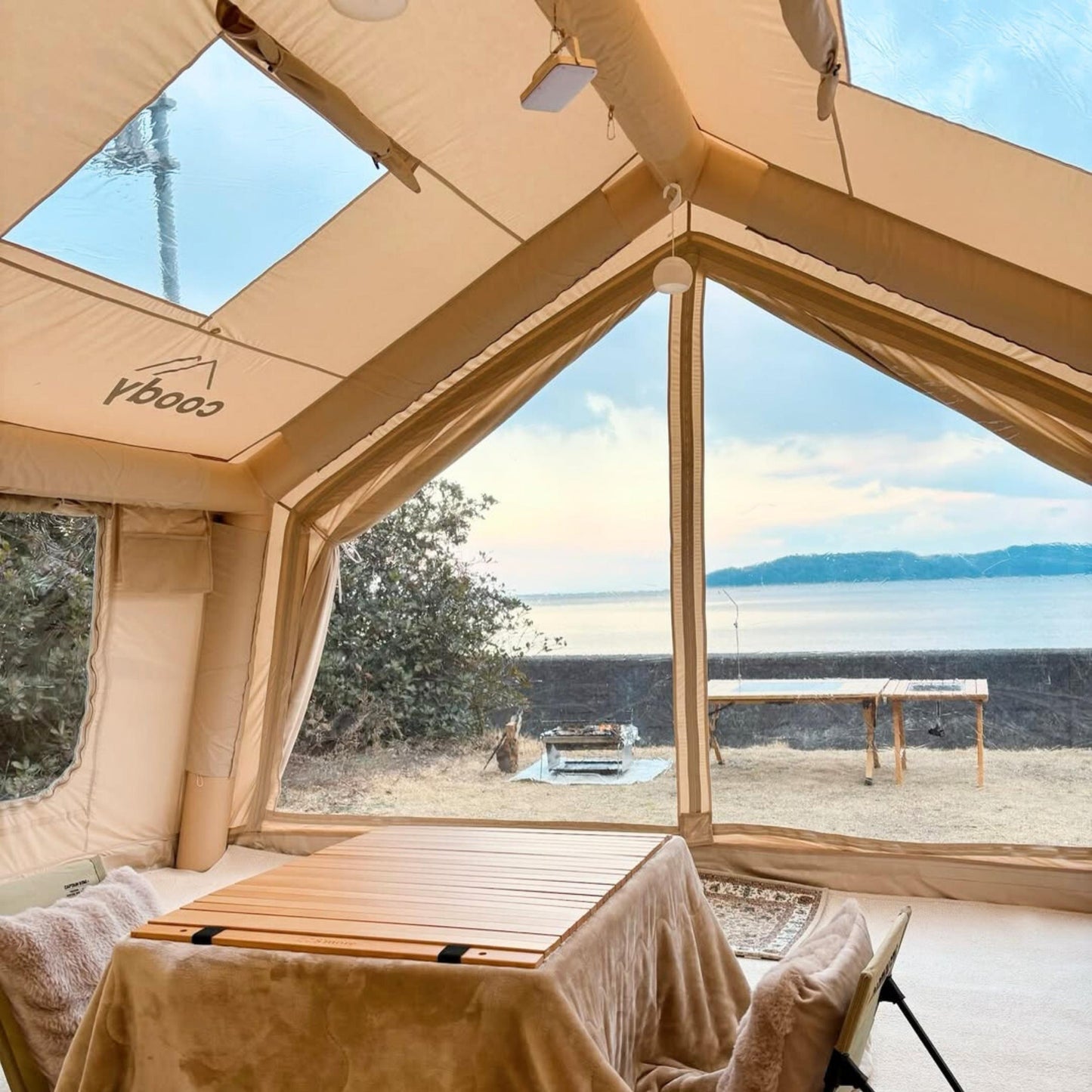 Coody Familia AirTent 17.2 Beige + Stove Caminus M - Inflatable Tents for Camping with Wood Stove