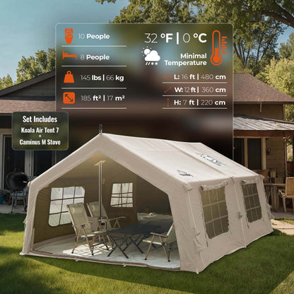 Coody Familia AirTent 17.2 Beige + Stove Caminus M - Inflatable Tents for Camping with Wood Stove