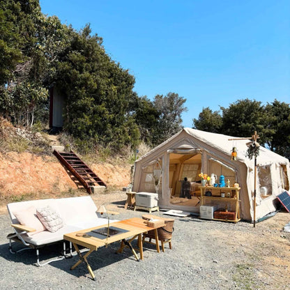 Coody Familia AirTent 17.2 Beige + Stove Caminus M - Inflatable Tents for Camping with Wood Stove