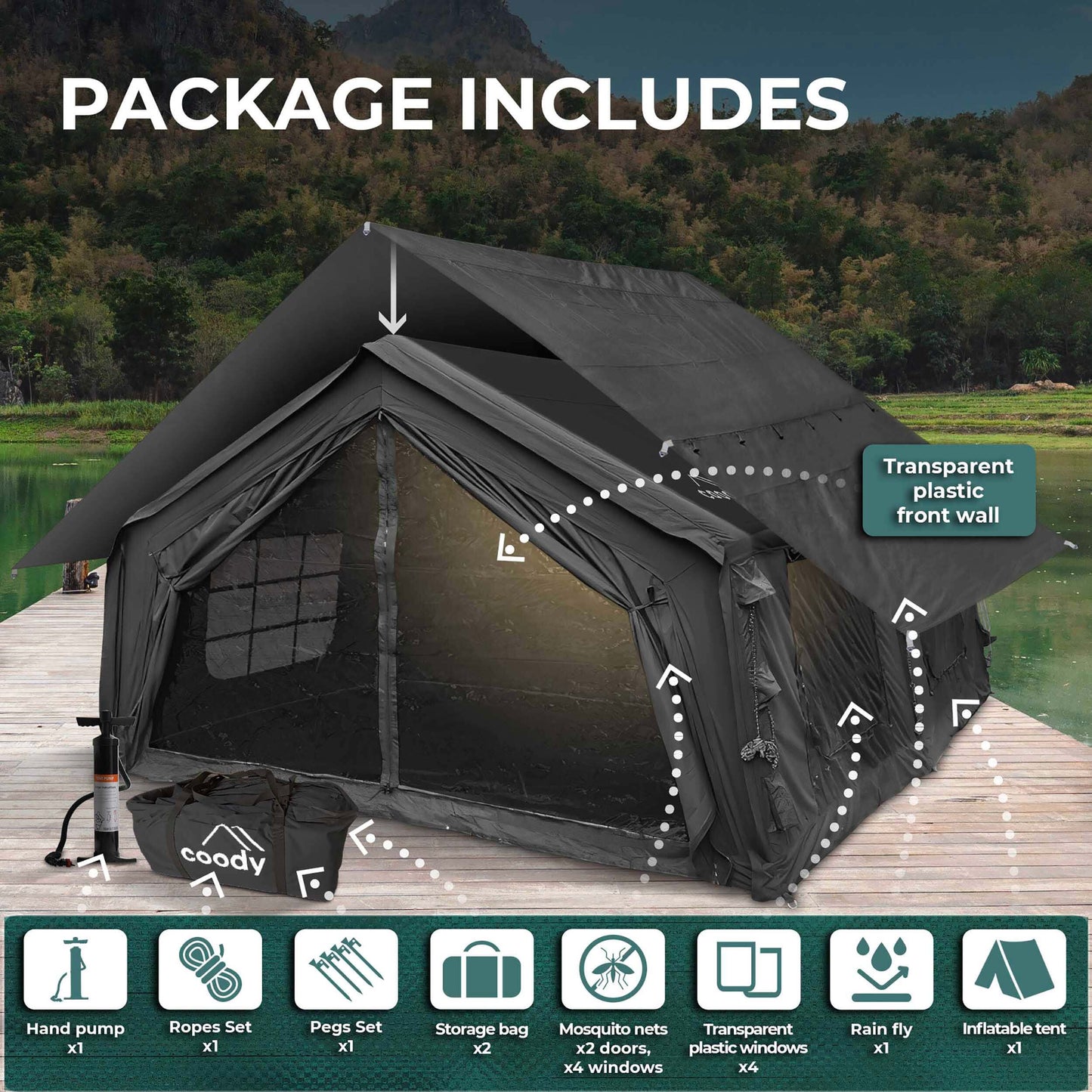 Coody Familia AirTent 17.2 Black Inflatable Tent House for Camping (2-10 Person)