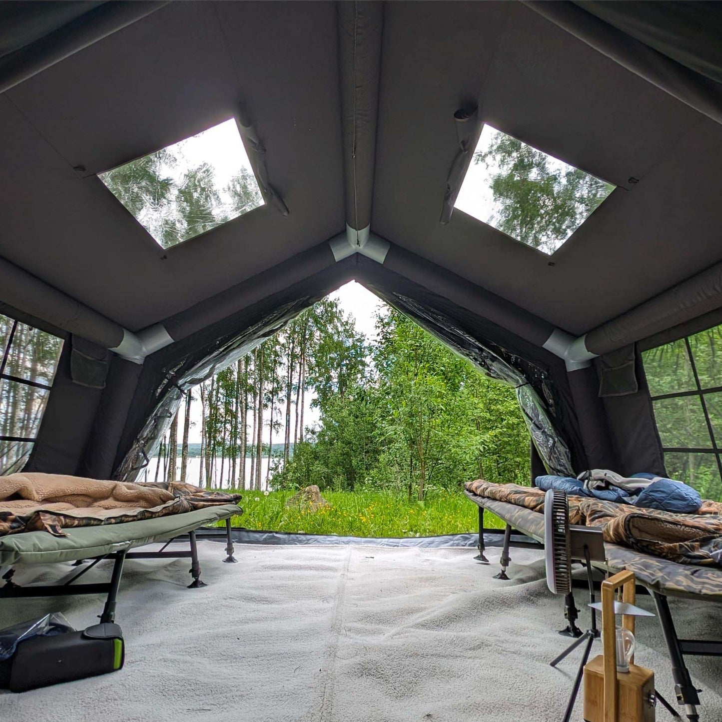 Coody Familia AirTent 17.2 Black + Stove Caminus M - Inflatable Tents for Camping with Wood Stove