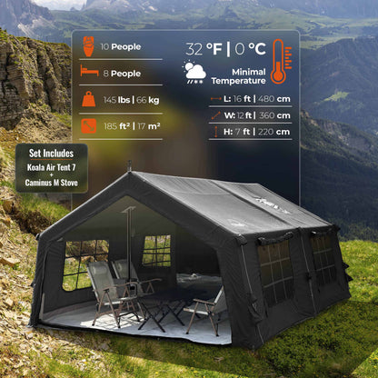 Coody Familia AirTent 17.2 Black + Stove Caminus M - Inflatable Tents for Camping with Wood Stove
