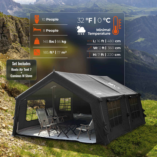 Coody Familia AirTent 17.2 Black + Stove Caminus M - Inflatable Tents for Camping with Wood Stove