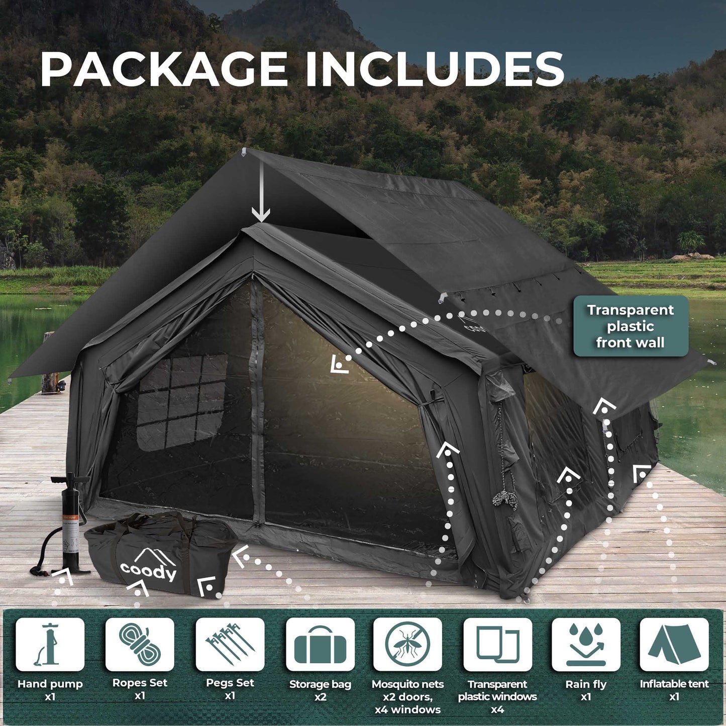 Coody Familia AirTent 17.2 Black + Stove Caminus M - Inflatable Tents for Camping with Wood Stove
