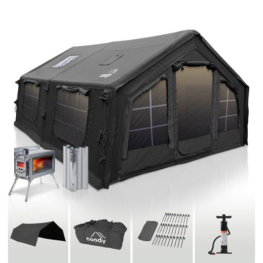 Coody Familia AirTent 17.2 Black + Stove Caminus M - Inflatable Tents for Camping with Wood Stove