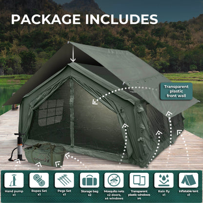 Coody Familia AirTent 17.2 Forest Green + Stove Caminus M - Inflatable Tents with Wood Stove