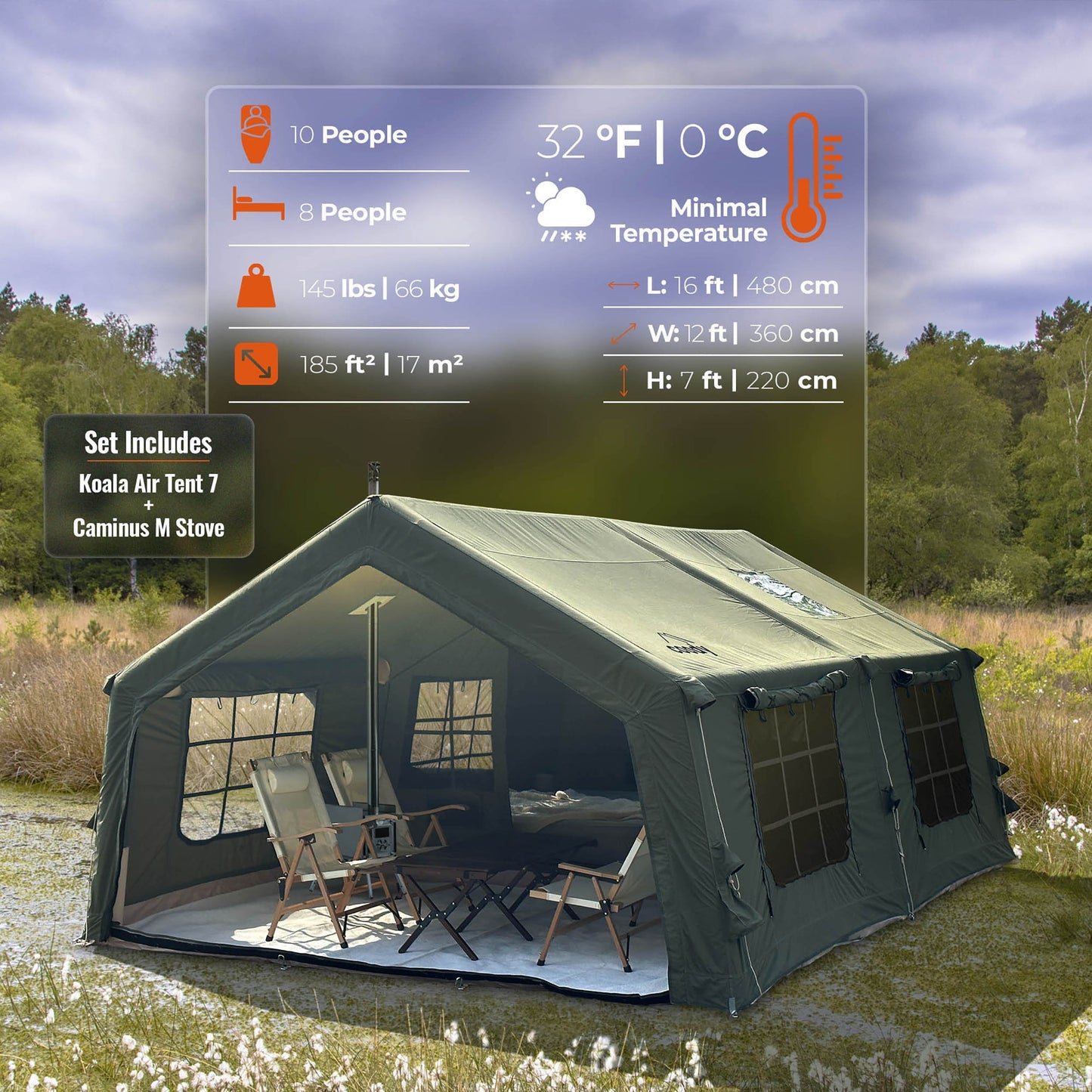 Coody Familia AirTent 17.2 Forest Green + Stove Caminus M - Inflatable Tents with Wood Stove