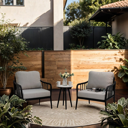 PolyTEAK 3-Piece Modern Conversation Set: Aluminum Patio Club Chairs with Plush Cushions & Marble-Look Side Table