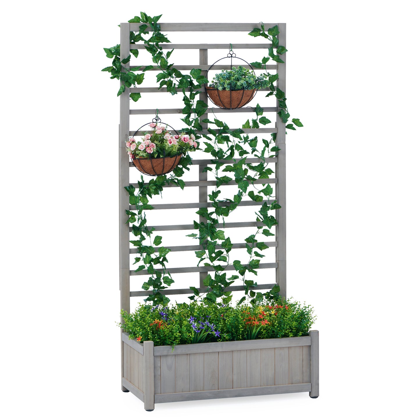 PolyTEAK Raised Garden Bed with Trellis, Outdoor Wooden Planter Box for Climbing Plants, Vegetables, and Herb Growing