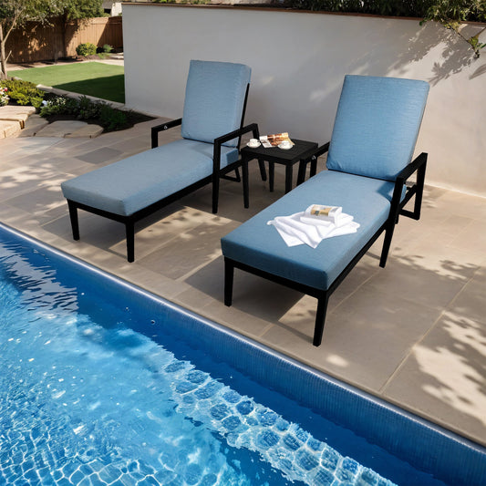 PolyTEAK 3-Piece Modern Patio Chaise Lounge Set with Plush Cushions, and Adjustable Backrests with Table