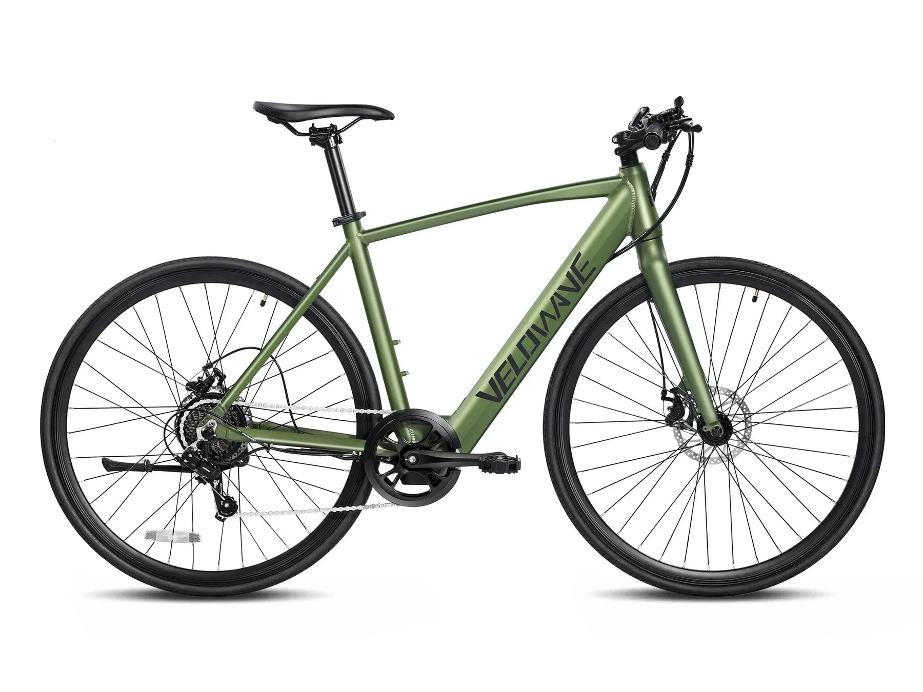 Sleek green Velowave Spirit Electric Road Bike in urban setting, showcasing its lightweight design and advanced features for efficient city commuting.