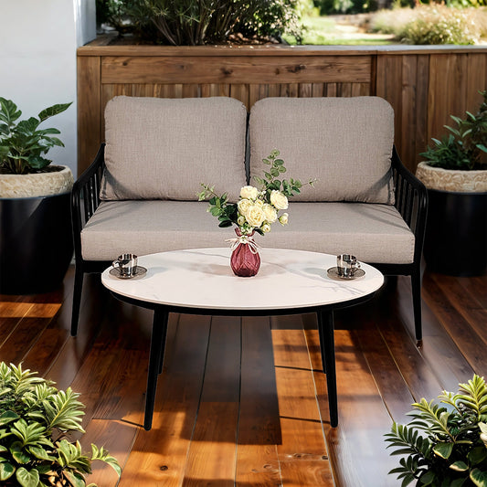PolyTEAK 2-Piece Modern Patio Set: Ember Black Aluminum Loveseat with Plush Cushions & Oval Marble-Look Coffee Table