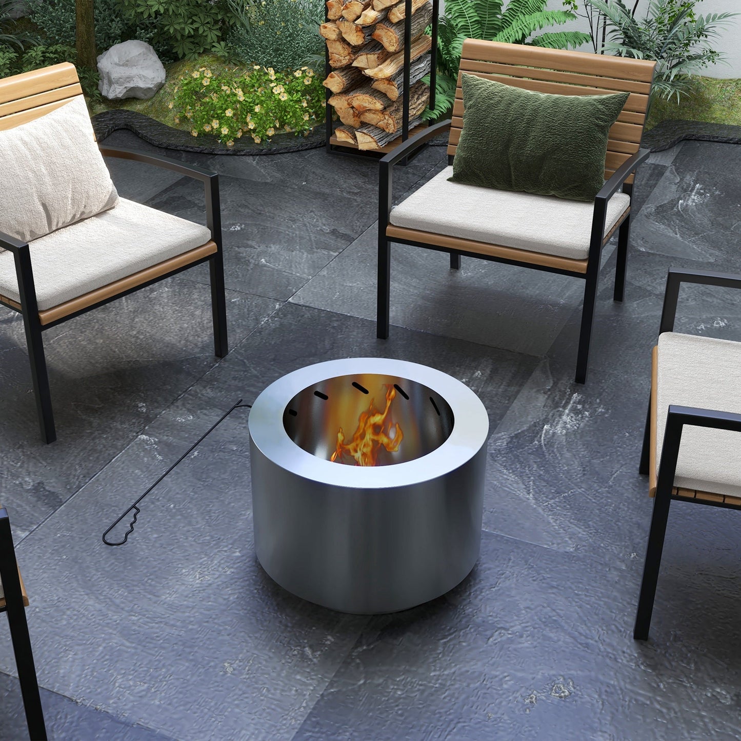 PolyTEAK Portable Stainless Smokeless Fire Pit with Poker for Campfire, Backyard Picnic, and Camping