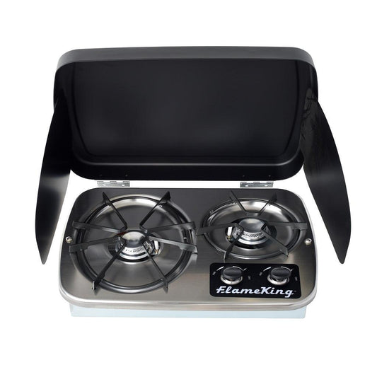 Flame King 2 Burner Built-In RV Trailer Stove with Wind Shield
