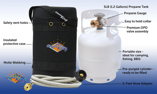 Flame King Propane Gas Hauler Kit 5lb Gauge Propane Tank, Adapter Hose and Insulated Protective Carry Case