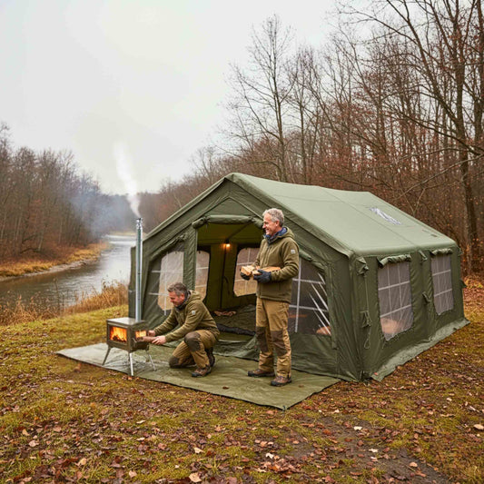 Coody Familia AirTent 17.2 Forest Green + Stove Caminus M - Inflatable Tents with Wood Stove
