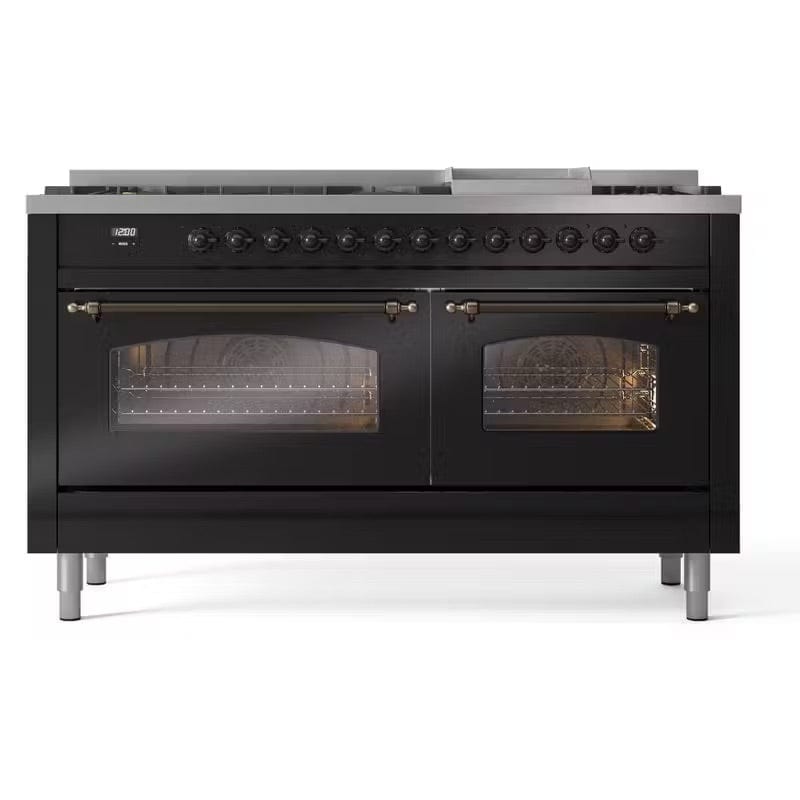 ILVE Nostalgie II 60" Dual Fuel Natural Gas Range, Glossy Black, Bronze Trim UP60FNMPBKB