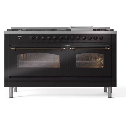 ILVE Nostalgie II 60" Dual Fuel Natural Gas Range, Glossy Black, Bronze Trim UP60FNMPBKB