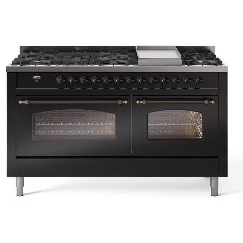 ILVE Nostalgie II 60" Dual Fuel Natural Gas Range, Glossy Black, Bronze Trim UP60FNMPBKB