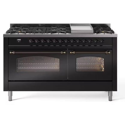 ILVE Nostalgie II 60" Dual Fuel Natural Gas Range, Glossy Black, Bronze Trim UP60FNMPBKB