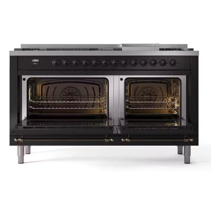 ILVE Nostalgie II 60" Dual Fuel Natural Gas Range, Glossy Black, Bronze Trim UP60FNMPBKB