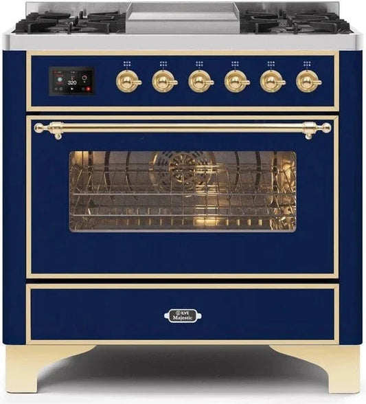 ILVE 36" Majestic II Dual Fuel Range Midnight Blue Brass Trim UM09FDNS3MBG