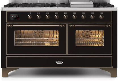 ILVE Majestic II 60 Inch Dual Fuel Liquid Propane Range in Glossy Black with Bronze Trim UM15FDNS3BKBLP