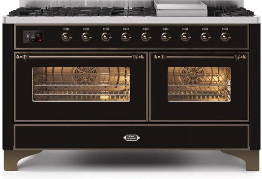 ILVE Majestic II 60 Inch Dual Fuel Liquid Propane Range in Glossy Black with Bronze Trim UM15FDNS3BKBLP